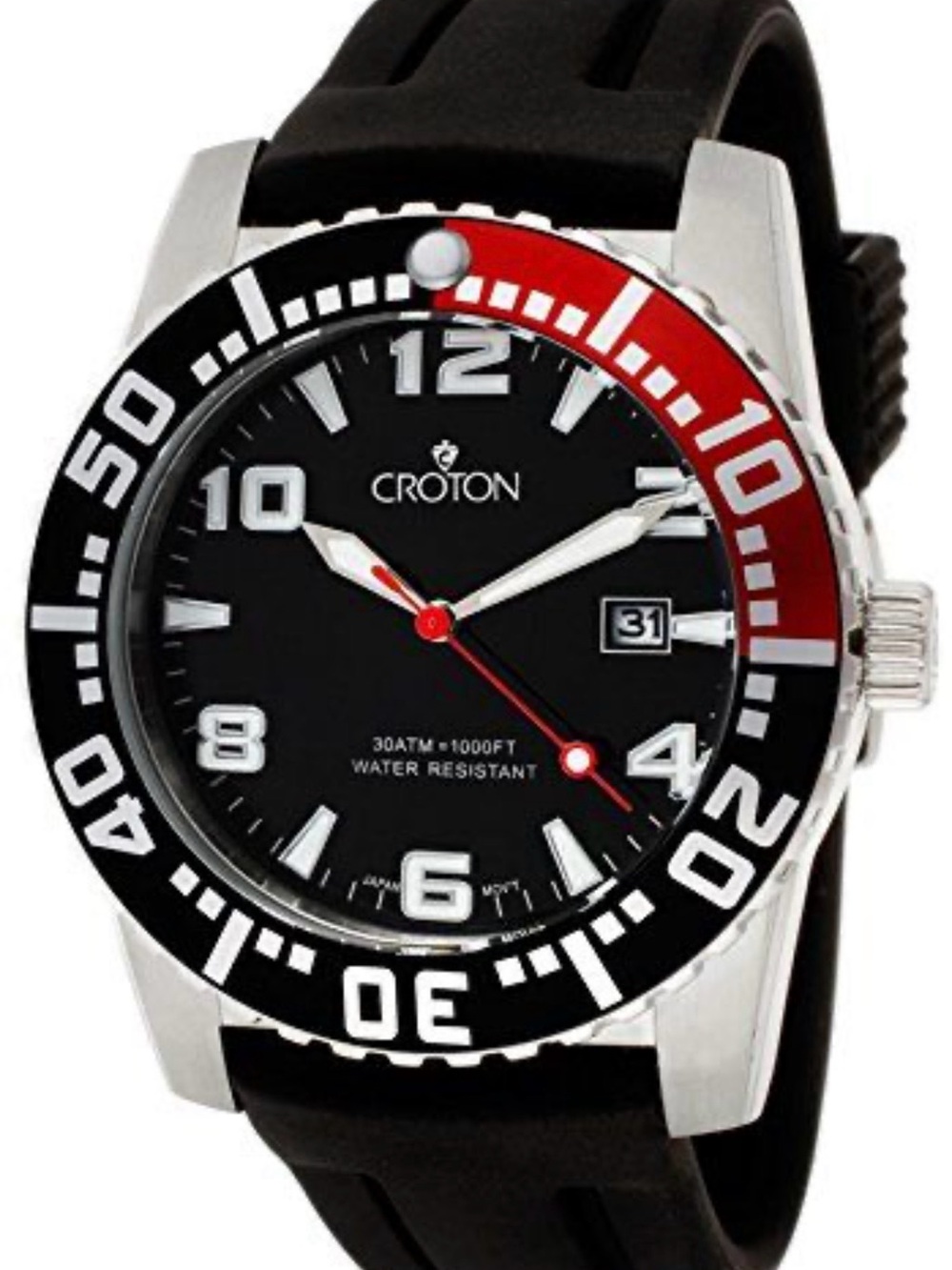 Croton Men’s Dive Watch 30ATM 1000FT BlackRed Bezel Quartz Date Rubber